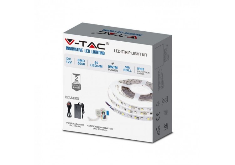 Vt-5050-60 9 w/m bande lumineuse LED (prise bs) 3000k ensemble ip65 12v (5 m/rouleau)- 2606 - V-tac