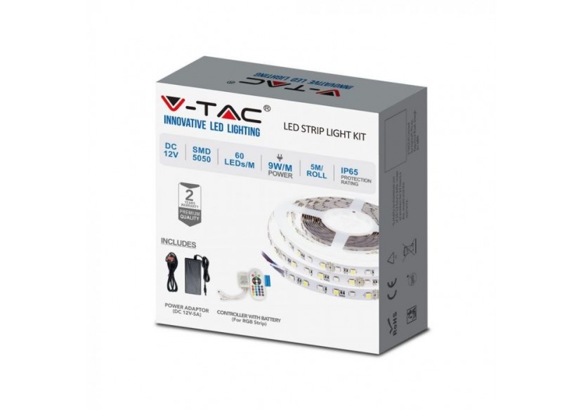 Vt-5050-60 9 w/m bande lumineuse LED (prise bs) 3000k ensemble ip65 12v (5 m/rouleau)- 2606 - V-tac