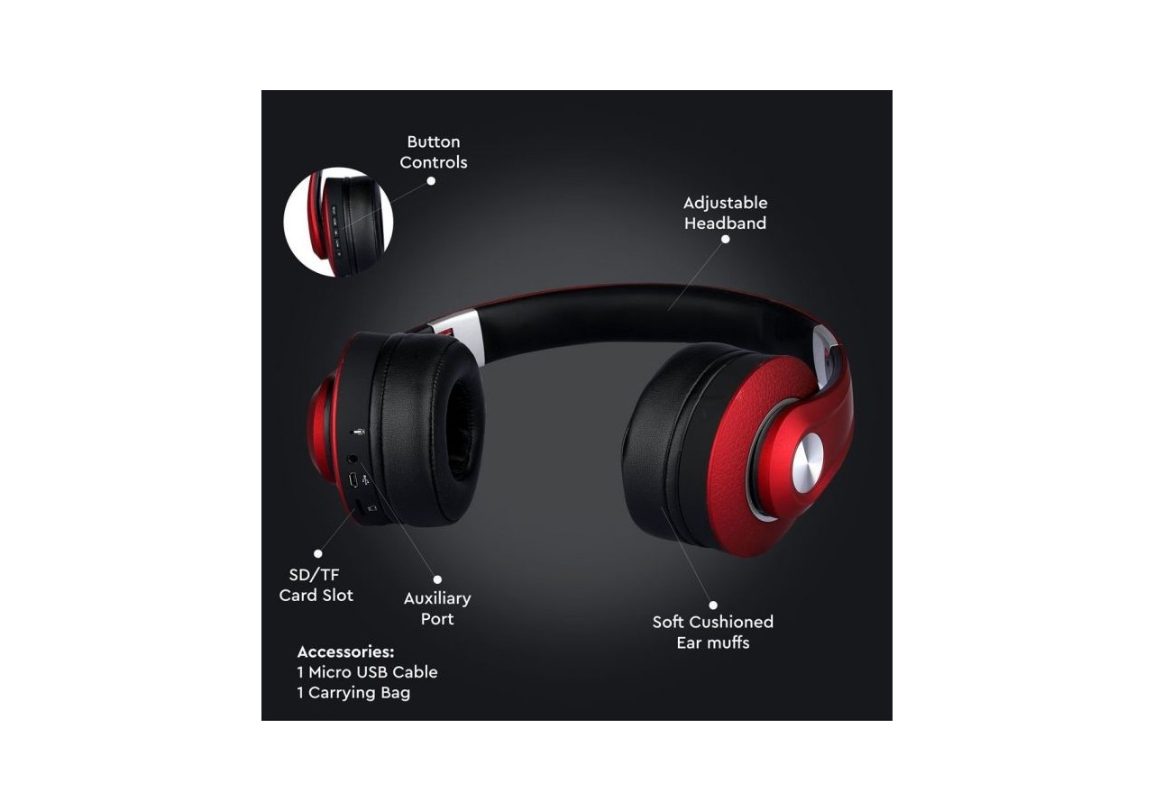 Vt-6322 casque d'écoute sans fil bluetooth avec tête réglable-500mah-rouge- 7731 - V-tac