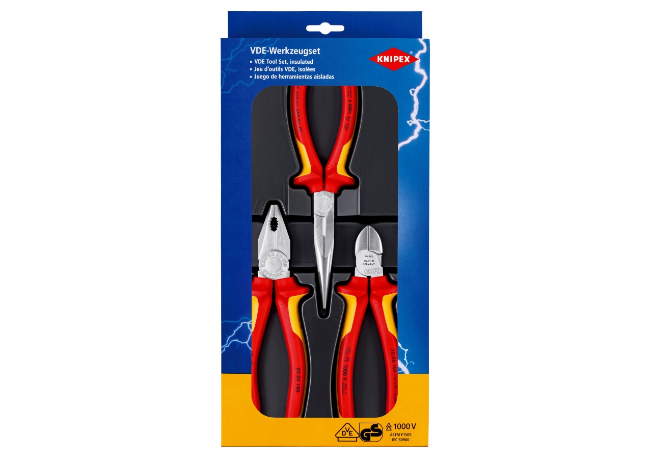 Assortiment de 3 outils - Jeu électricien - Bi-matière - Chromé - Isolés 1000V - Knipex - 002012