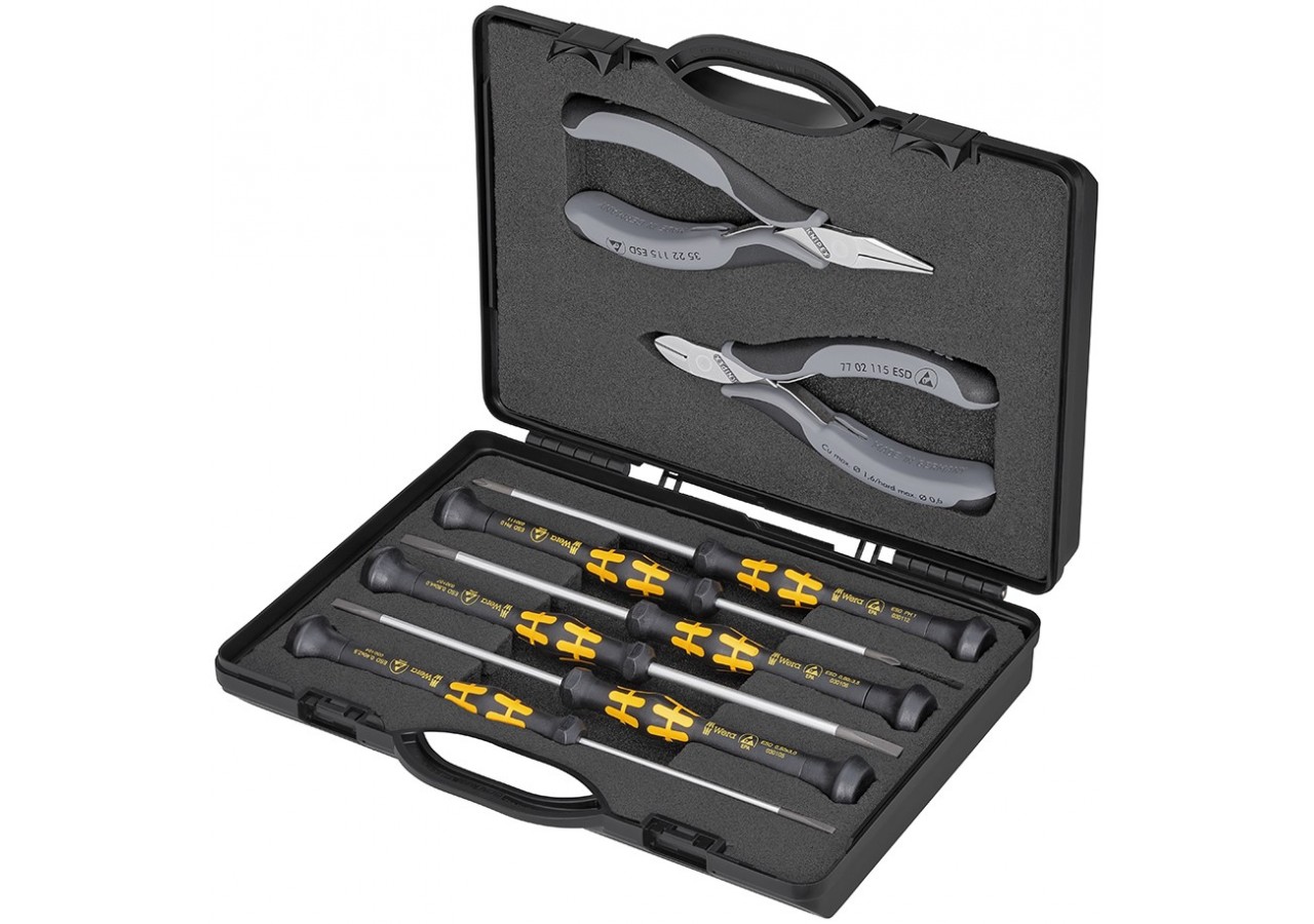 Coffret compact d'un jeu de 2 pinces pour l'électronique ESD et 6 tournevis Wera - Knipex - 002018ESD