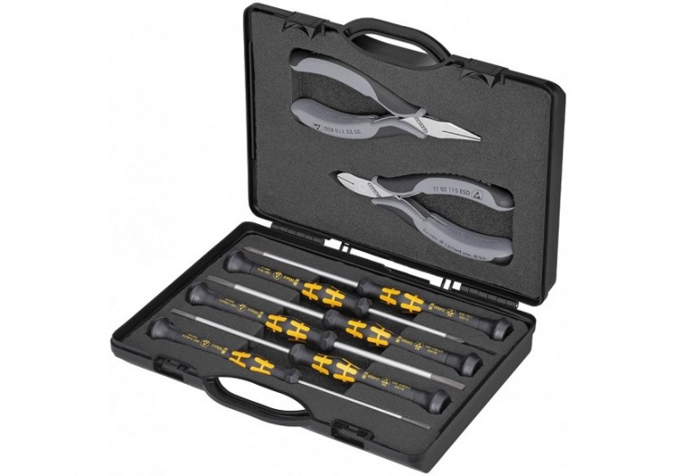 Coffret compact d'un jeu de 2 pinces pour l'électronique ESD et 6 tournevis Wera - Knipex - 002018ESD 2