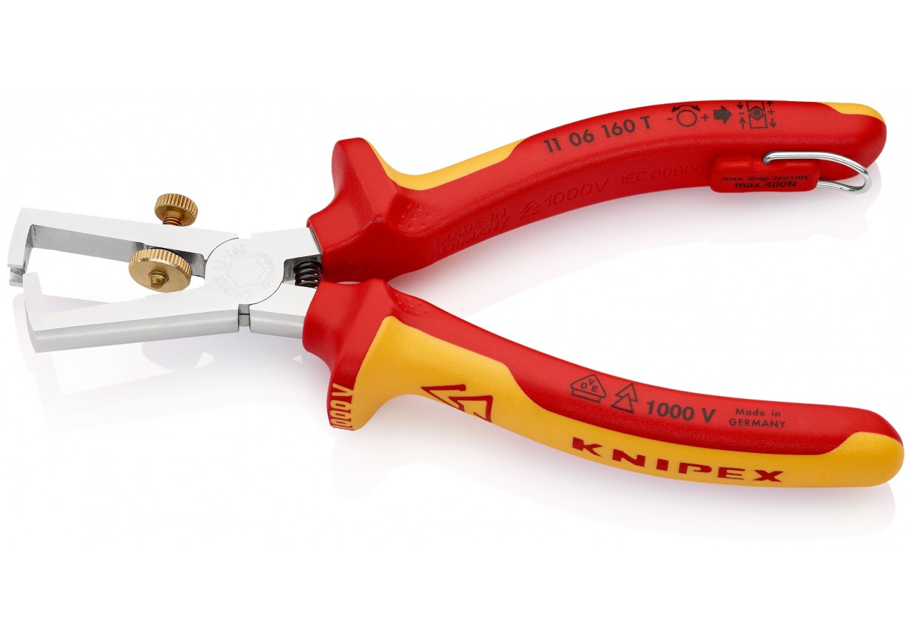 Pince à dénuder 160mm avec ressort - Bi-matière - Chromée - 1000V - Antichute - Knipex - 1106160T