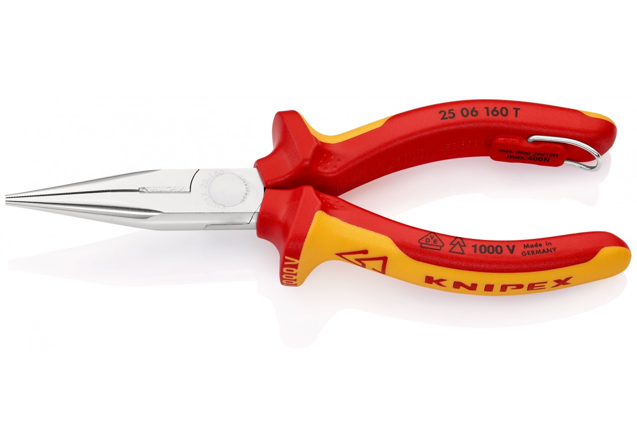 Pince à becs 1/2 ronds 160mm Tranchant 61HRC Bi-matière Chromée 1000V Antichute - Knipex - 2506160T