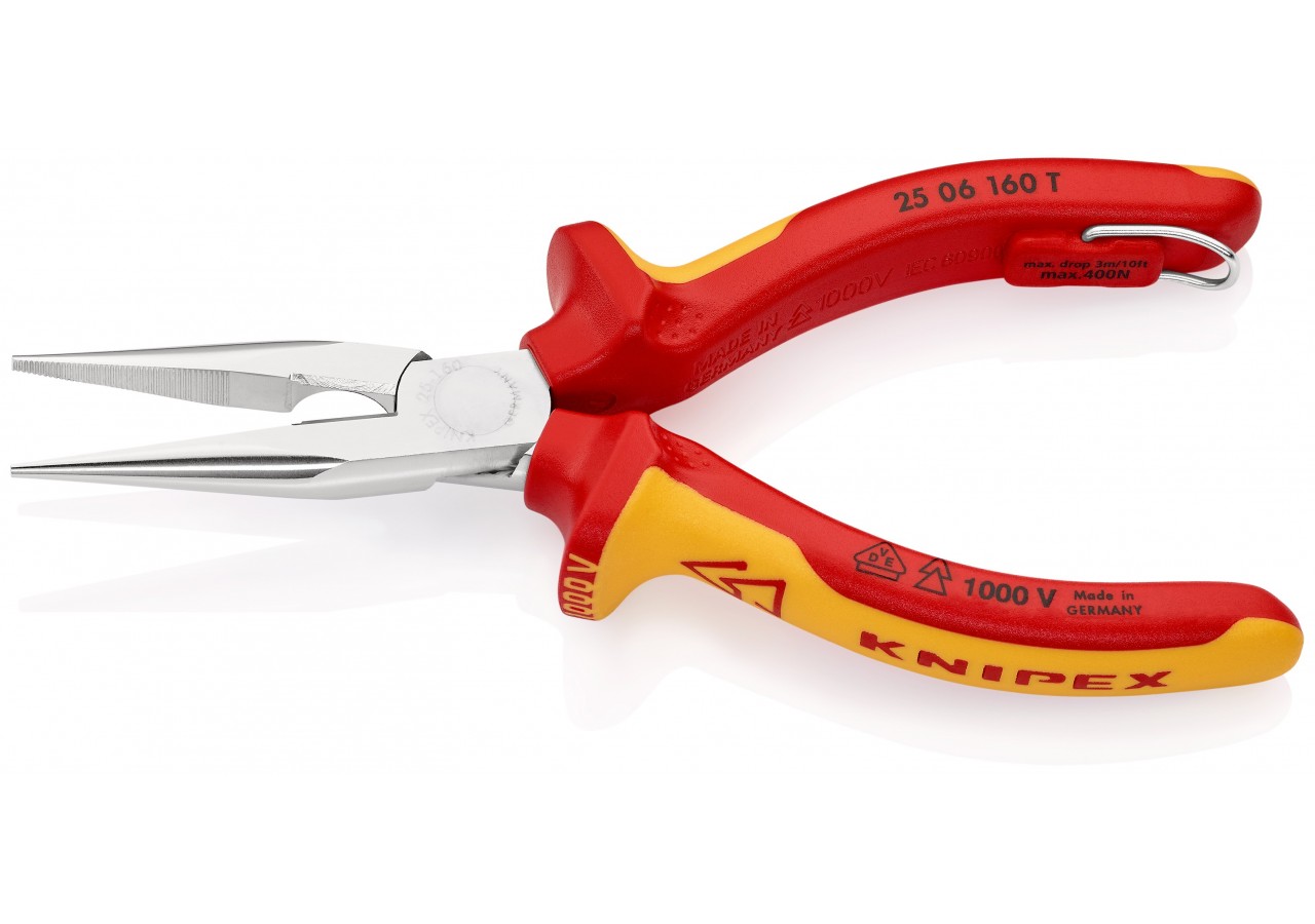 Pince à becs 1/2 ronds 160mm Tranchant 61HRC Bi-matière Chromée 1000V Antichute - Knipex - 2506160T