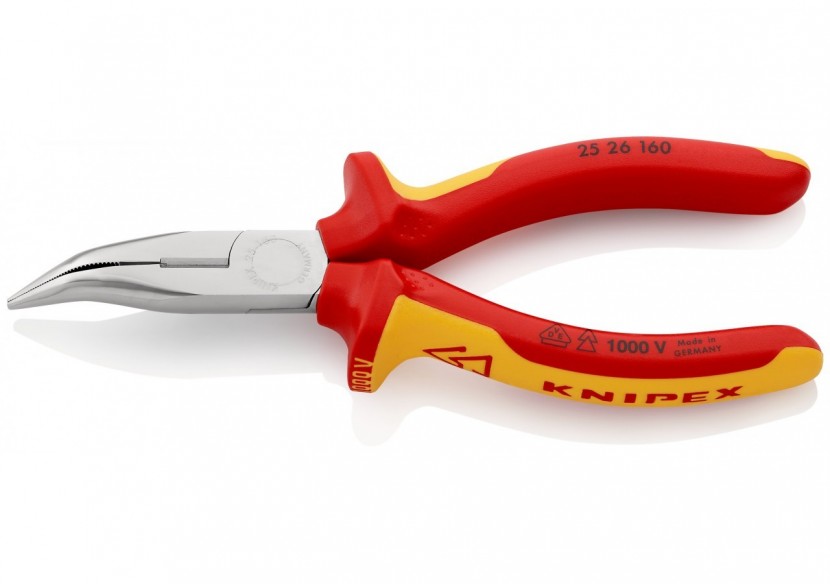 Pince becs demi-ronds 160mm coudés 40° Tranchant 61HRC Bi-matière Chromée 1000V - Knipex - 2526160