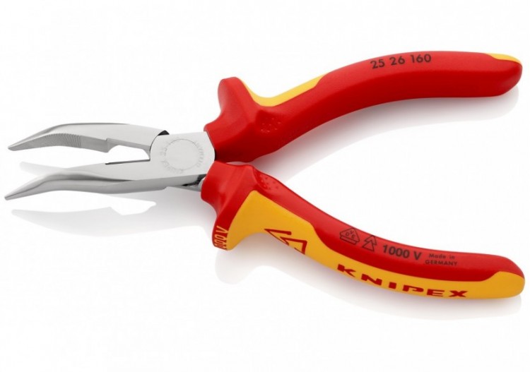 Pince becs demi-ronds 160mm coudés 40° Tranchant 61HRC Bi-matière Chromée 1000V - Knipex - 2526160 2