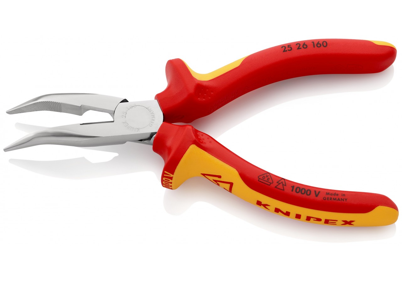 Pince becs demi-ronds 160mm coudés 40° Tranchant 61HRC Bi-matière Chromée 1000V - Knipex - 2526160