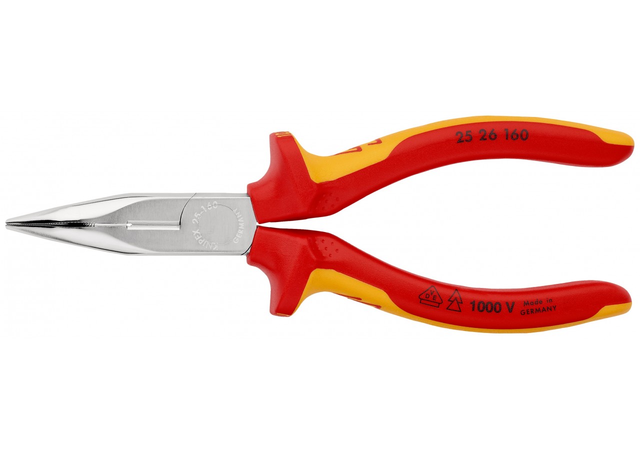 Pince becs demi-ronds 160mm coudés 40° Tranchant 61HRC Bi-matière Chromée 1000V - Knipex - 2526160