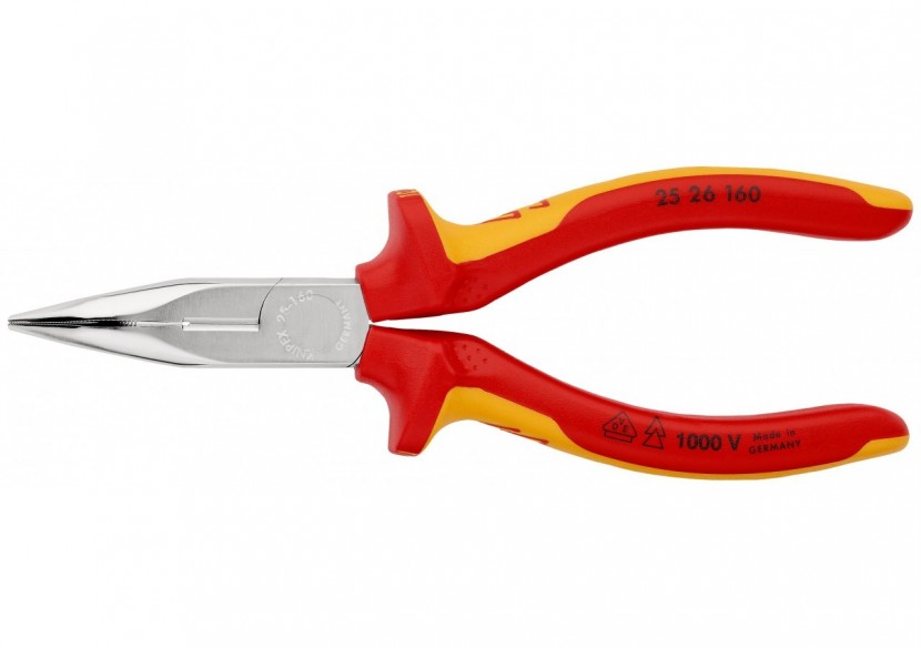 Pince becs demi-ronds 160mm coudés 40° Tranchant 61HRC Bi-matière Chromée 1000V - Knipex - 2526160