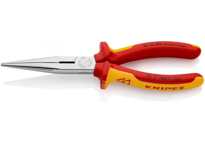Pince becs demi-ronds 200mm avec tranchant Dureté 61HRC Bi-matière Chromée 1000V - Knipex - 2616200