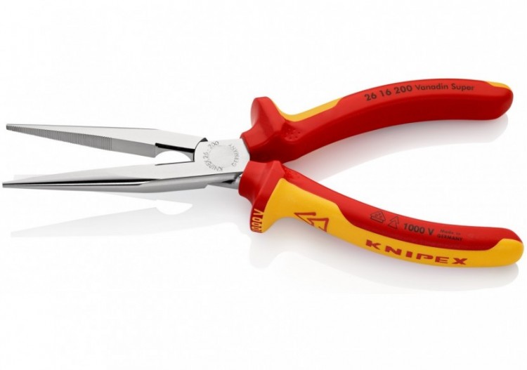 Pince becs demi-ronds 200mm avec tranchant Dureté 61HRC Bi-matière Chromée 1000V - Knipex - 2616200 2