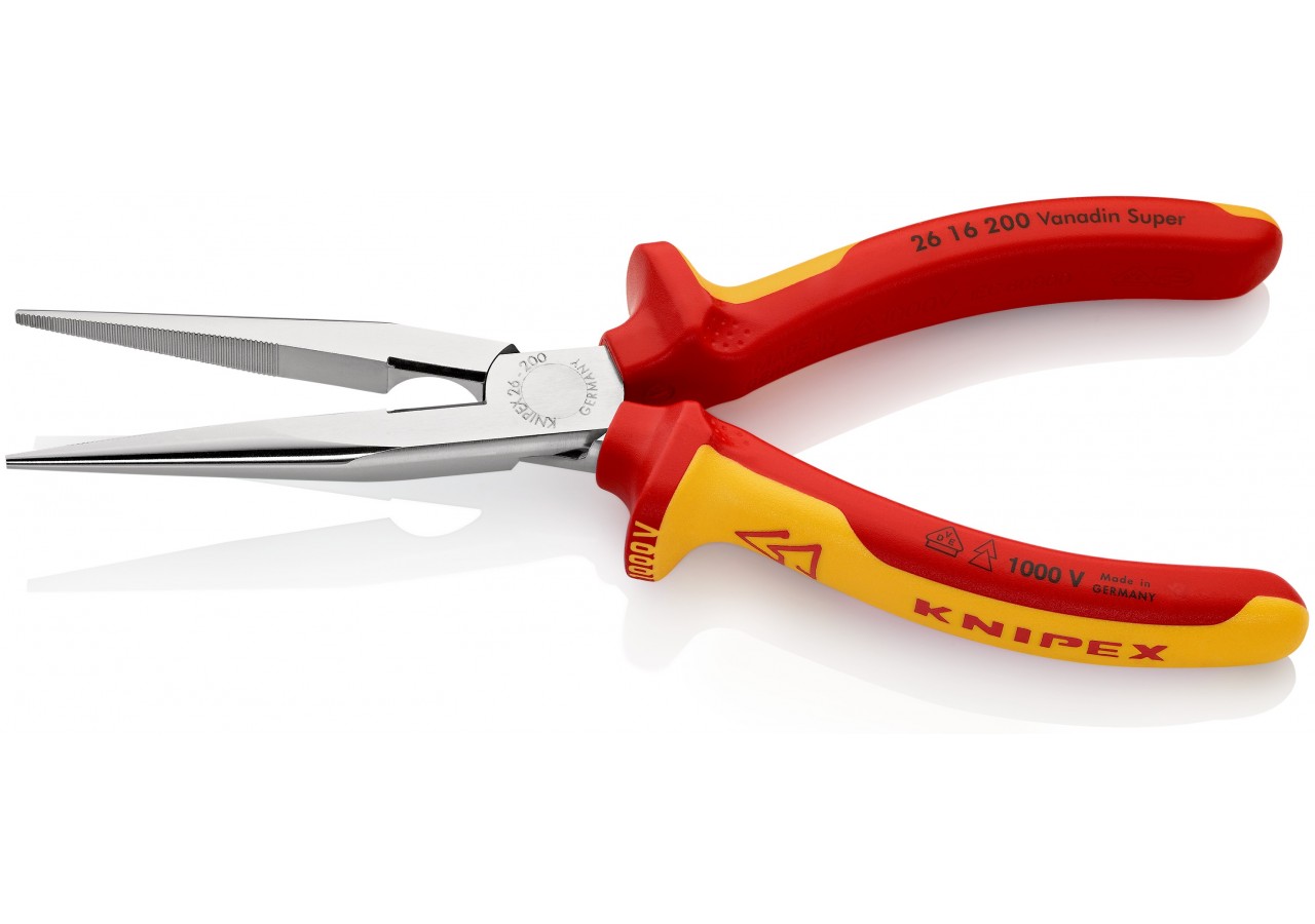 Pince becs demi-ronds 200mm avec tranchant Dureté 61HRC Bi-matière Chromée 1000V - Knipex - 2616200