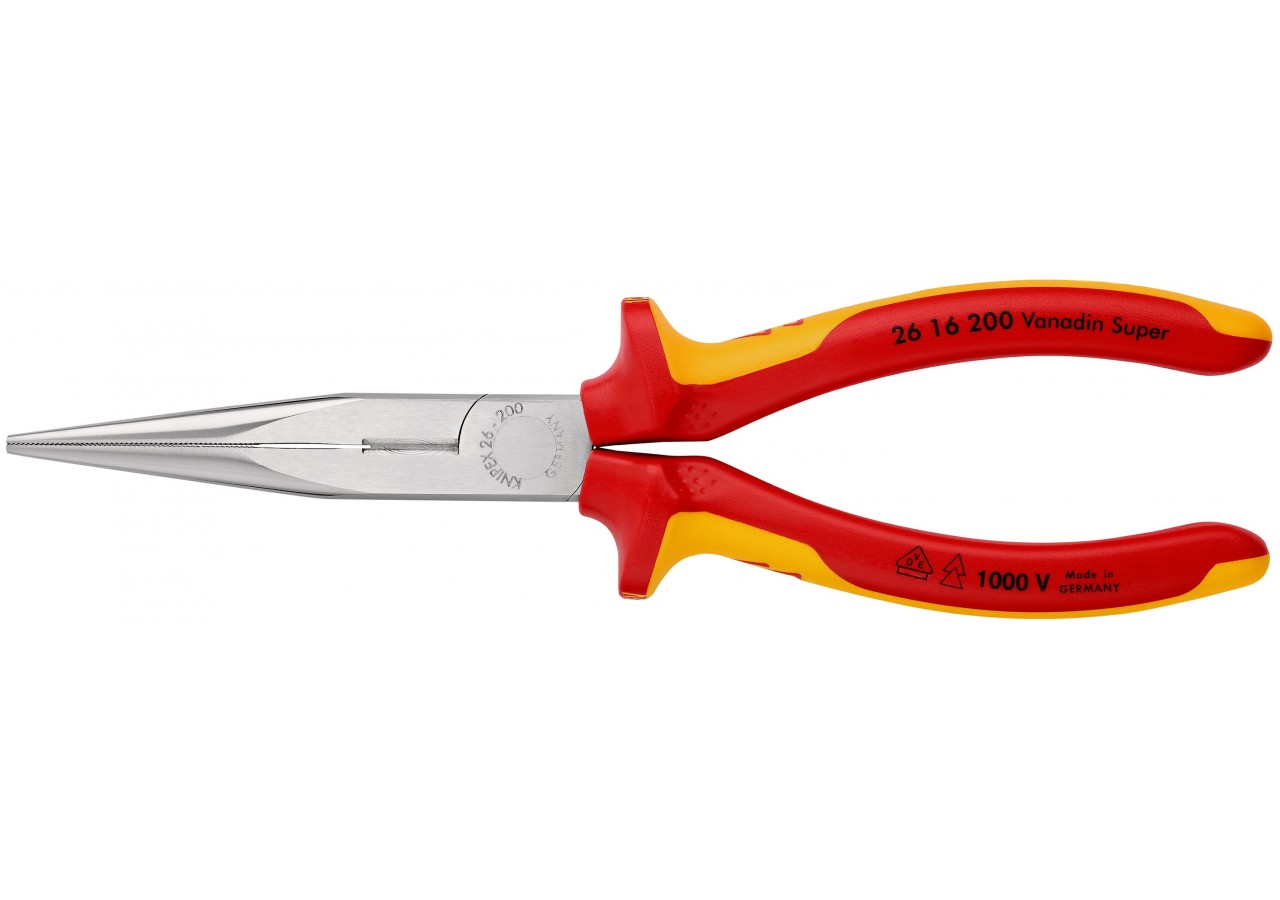 Pince becs demi-ronds 200mm avec tranchant Dureté 61HRC Bi-matière Chromée 1000V - Knipex - 2616200