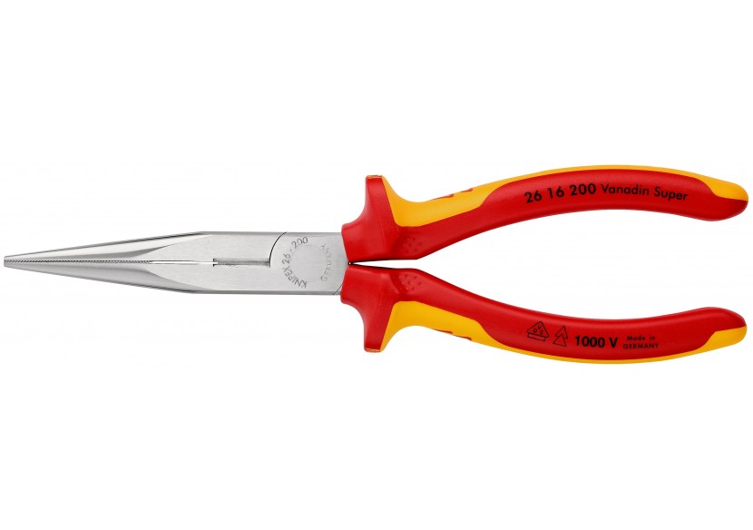 Pince becs demi-ronds 200mm avec tranchant Dureté 61HRC Bi-matière Chromée 1000V - Knipex - 2616200