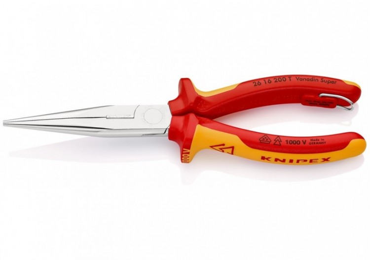 Pince becs demi-ronds 200mm tranchant 61HRC Bi-matière Chromée 1000V Antichute - Knipex - 2616200T