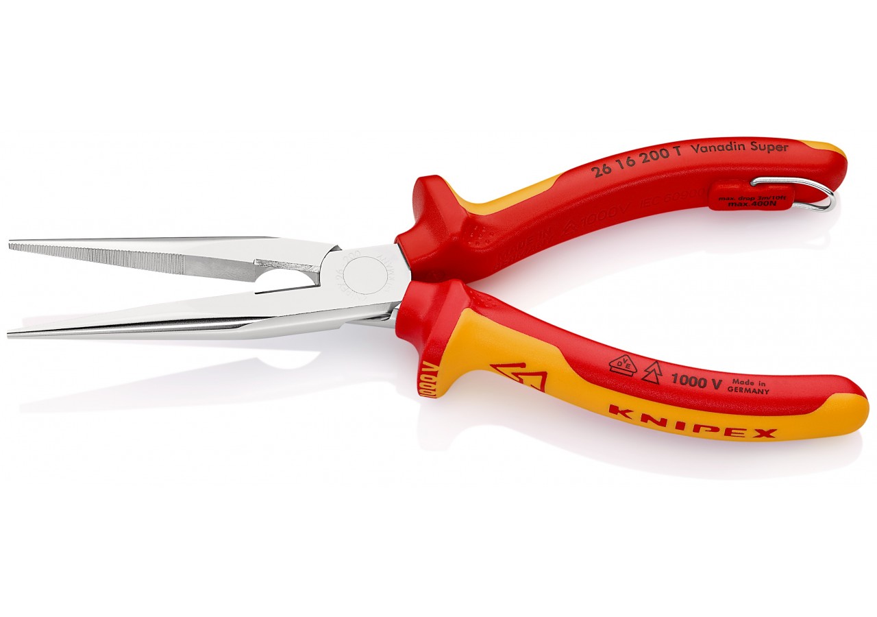 Pince becs demi-ronds 200mm tranchant 61HRC Bi-matière Chromée 1000V Antichute - Knipex - 2616200T