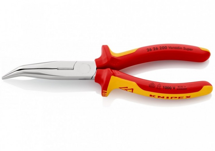 Pince becs demi-ronds 200mm coudés 40° avec tranchant Bi-matière Chromée 1000V - Knipex - 2626200