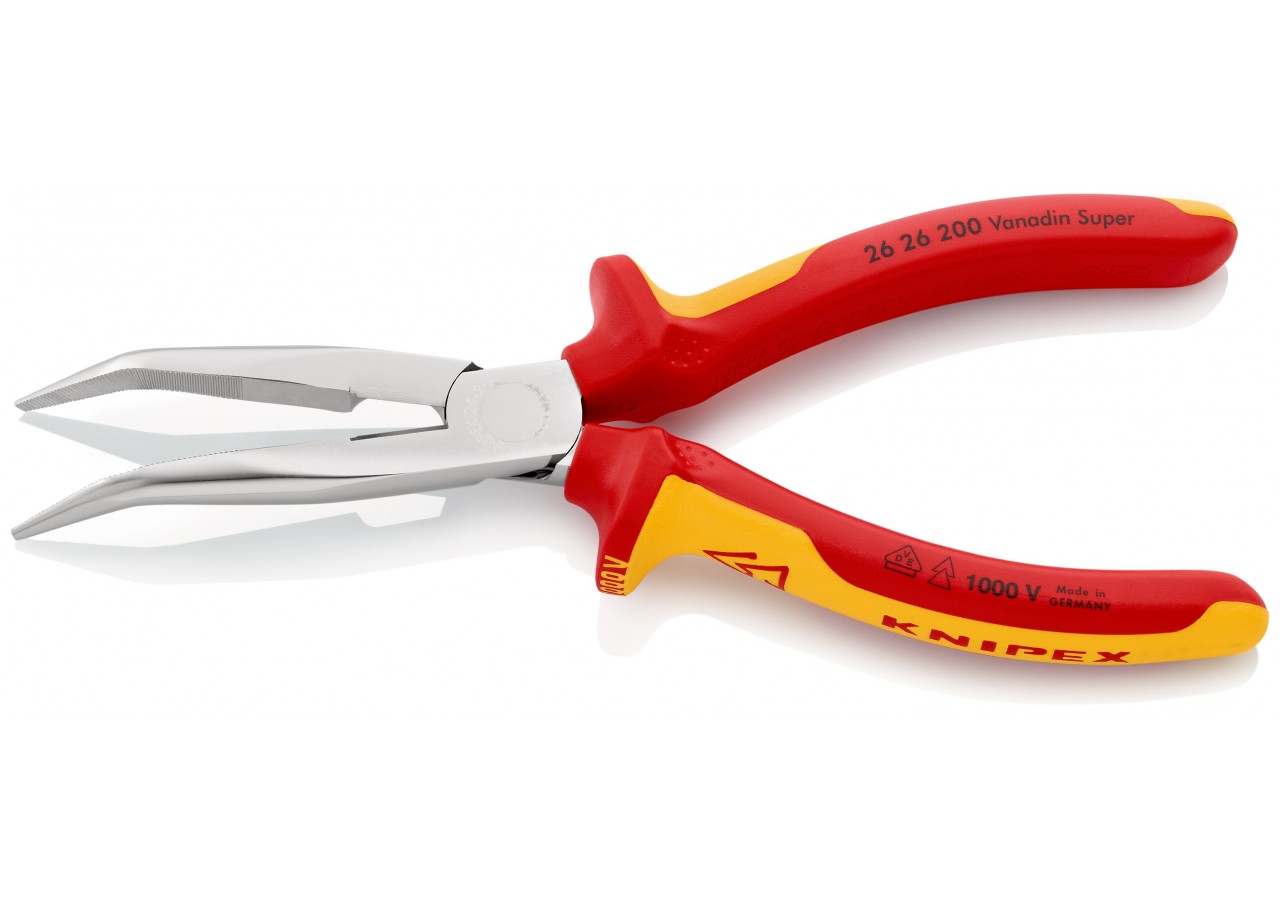 Pince becs demi-ronds 200mm coudés 40° avec tranchant Bi-matière Chromée 1000V - Knipex - 2626200