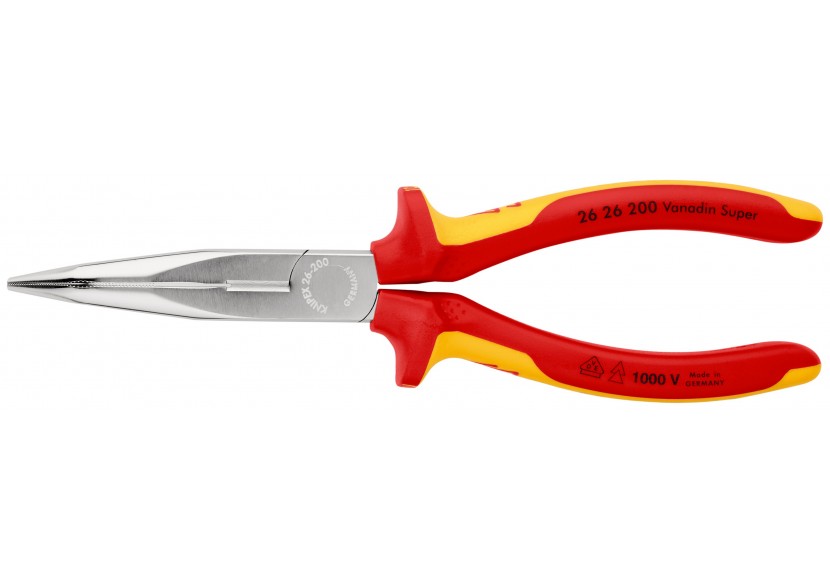 Pince becs demi-ronds 200mm coudés 40° avec tranchant Bi-matière Chromée 1000V - Knipex - 2626200
