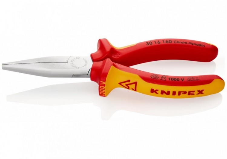 Pince à becs longs avec becs plats 160mm - Gainage bi-matière - Chromée - 1000V - Knipex - 3016160