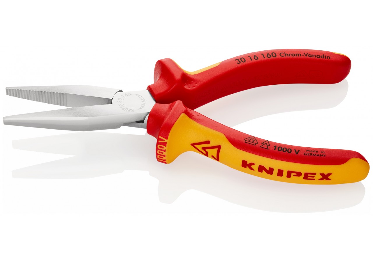 Pince à becs longs avec becs plats 160mm - Gainage bi-matière - Chromée - 1000V - Knipex - 3016160