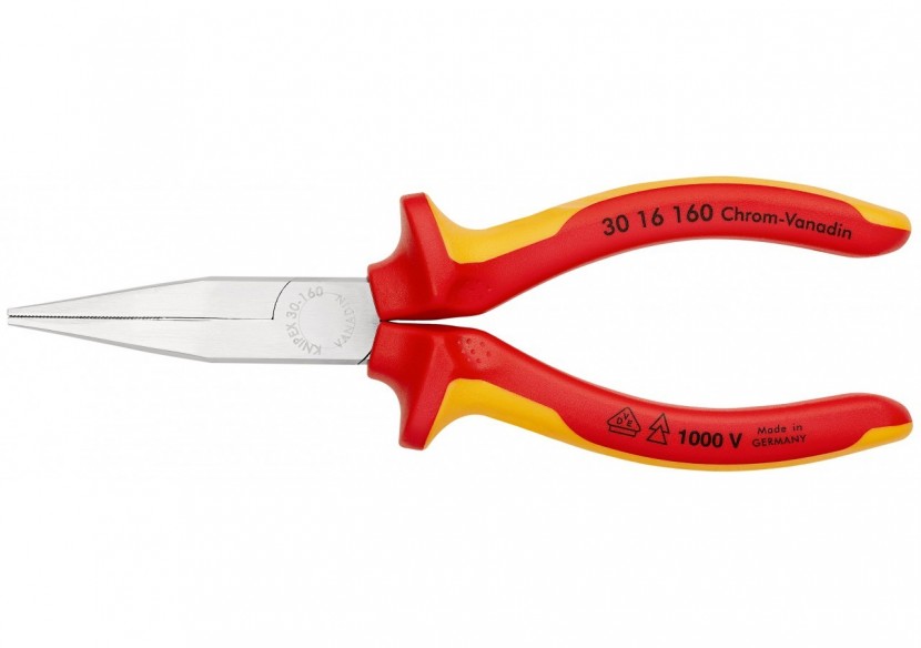 Pince à becs longs avec becs plats 160mm - Gainage bi-matière - Chromée - 1000V - Knipex - 3016160