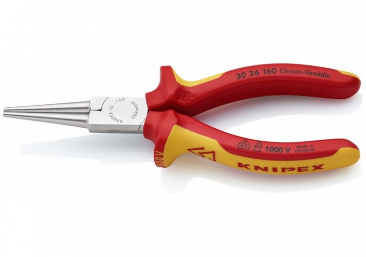 Pince à becs longs ronds 160mm - Gainage bi-matière - Chromée - isolée 1000V - Knipex - 3036160