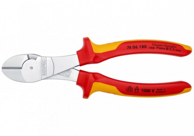 Pince coupante forte démultiplication 180mm - Bi-matière - Chromée - 1000V - Knipex - 7406180