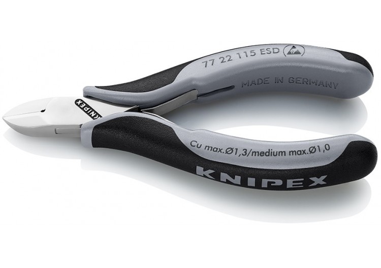 Pince coupante de précision tête ronde coupe à ras 115mm - Ressort - Bi-mat. ESD - Knipex - 7722115ESD
