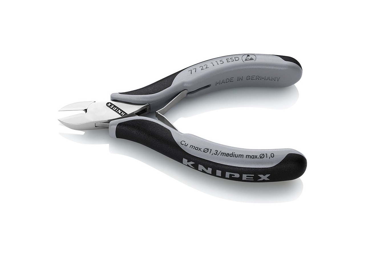 Pince coupante de précision tête ronde coupe à ras 115mm - Ressort - Bi-mat. ESD - Knipex - 7722115ESD