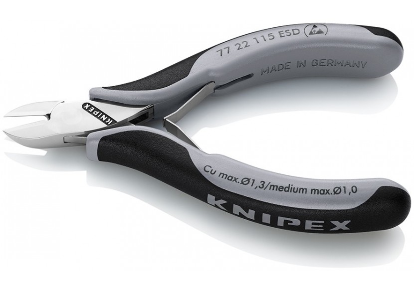 Pince coupante de précision tête ronde coupe à ras 115mm - Ressort - Bi-mat. ESD - Knipex - 7722115ESD