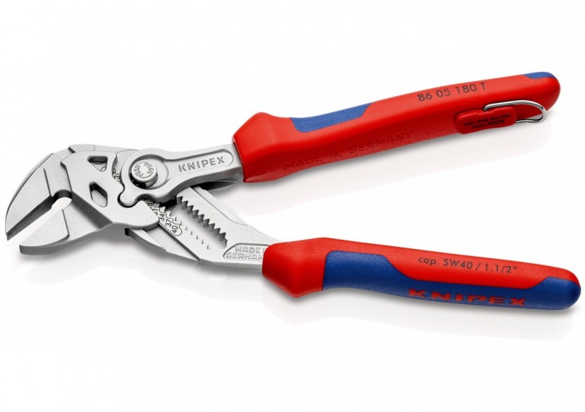 Pince-clé 180mm - Bi-matière - Chromée - Œillet Antichute - Ouverture 40mm - Knipex - 8605180T