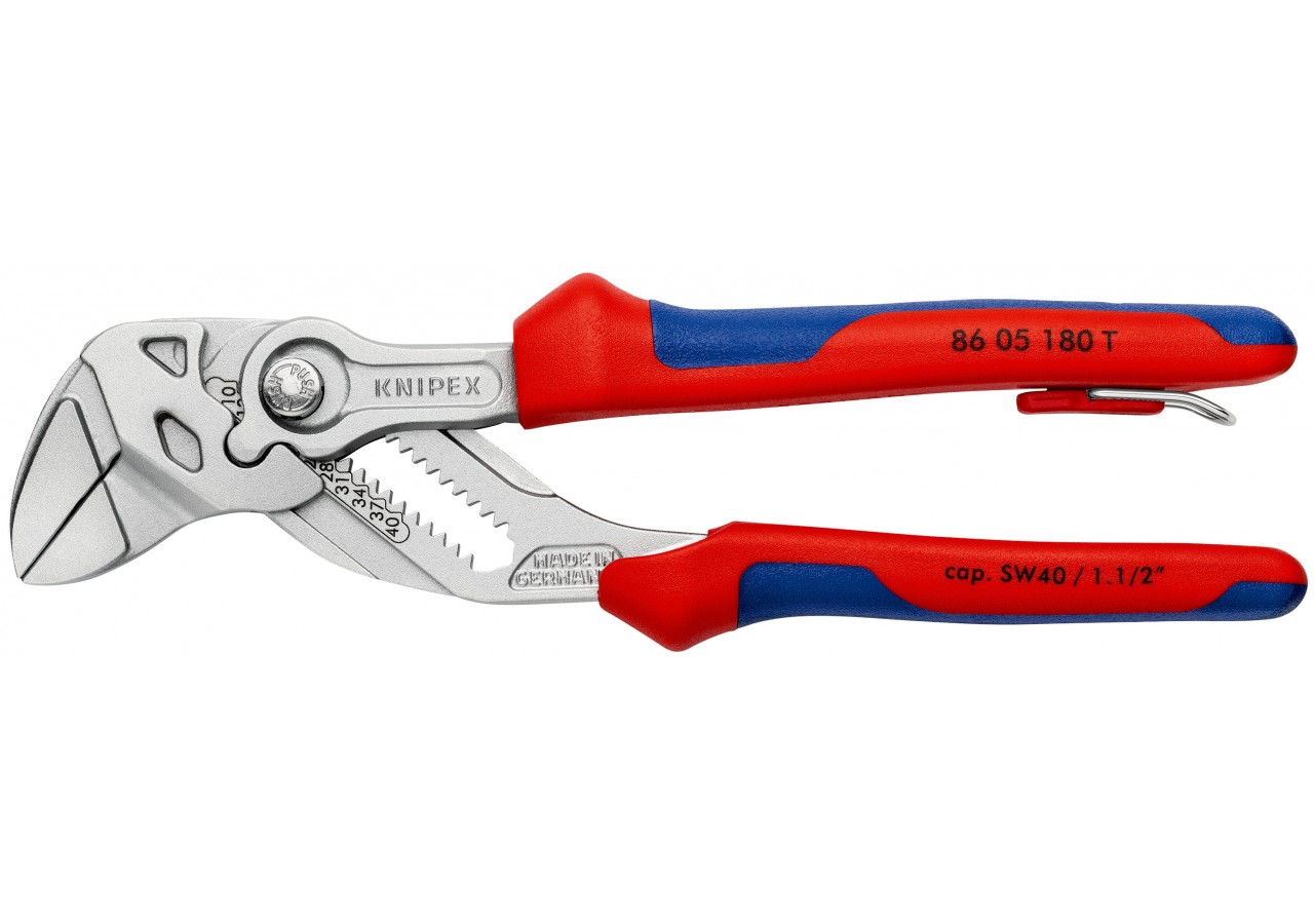 Pince-clé 180mm - Bi-matière - Chromée - Œillet Antichute - Ouverture 40mm - Knipex - 8605180T