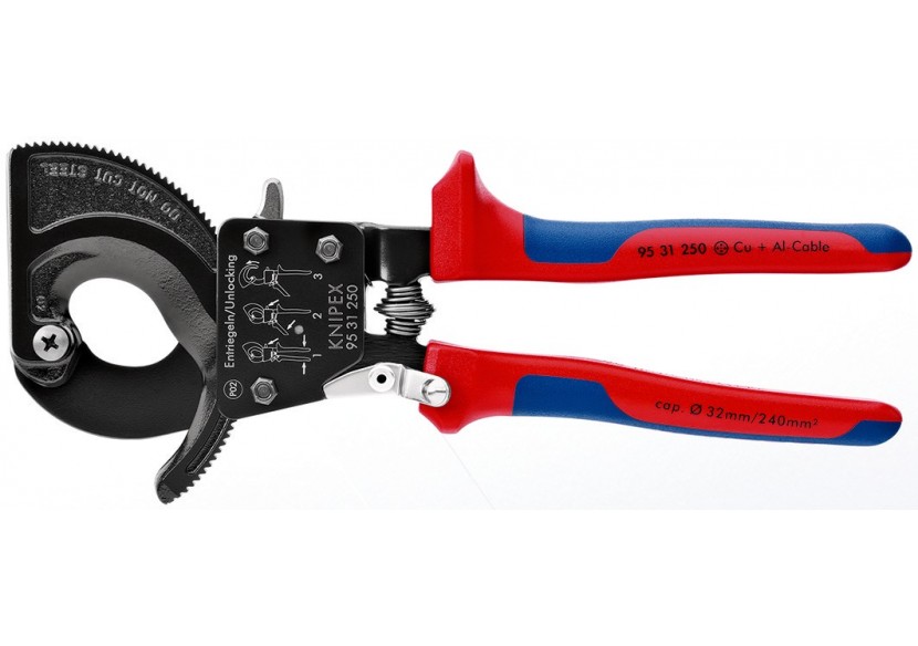 Coupe-câbles à cliquet 250mm - Cu/Al Ø32mm/240mm2 - Gainage bi-matière - Knipex - 9531250 Coupe-câbles à cliquet 250mm - Cu/Al Ø32mm/240mm2 - Gainage bi-matière - Knipex - 9531250