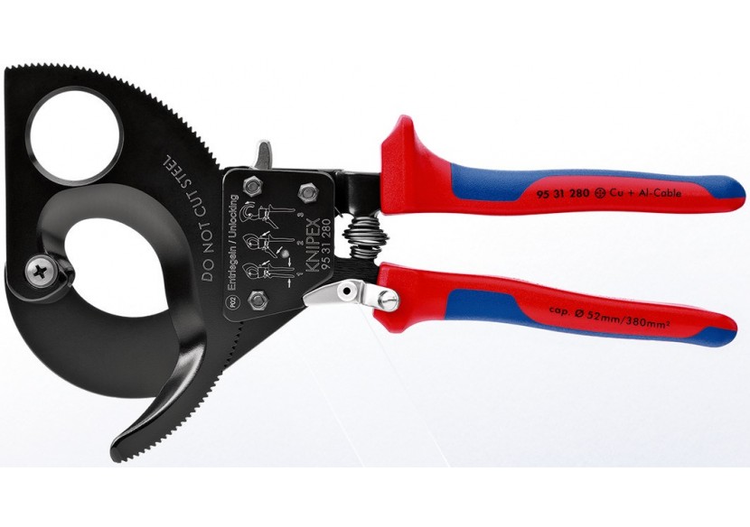 Coupe-câbles à cliquet 280mm - Cu/Al Ø52mm/380mm2 - Gainage bi-matière - Knipex - 9531280 Coupe-câbles à cliquet 280mm - Cu/Al Ø52mm/380mm2 - Gainage bi-matière - Knipex - 9531280