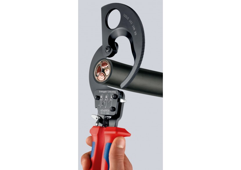 Coupe-câbles à cliquet 280mm - Cu/Al Ø52mm/380mm2 - Gainage bi-matière - Knipex - 9531280 Coupe-câbles à cliquet 280mm - Cu/Al Ø52mm/380mm2 - Gainage bi-matière - Knipex - 9531280