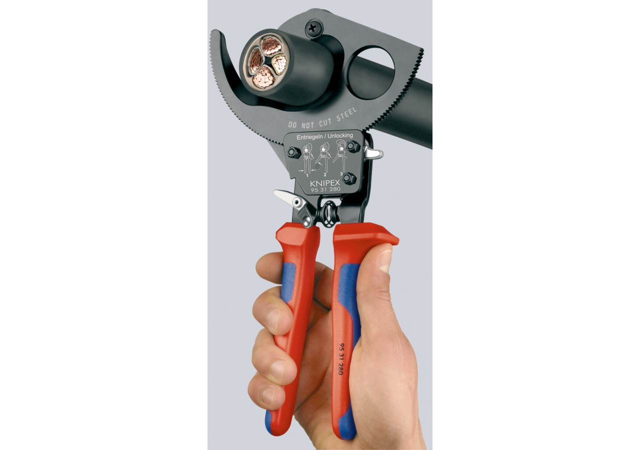 Coupe-câbles à cliquet 280mm - Cu/Al Ø52mm/380mm2 - Gainage bi-matière - Knipex - 9531280