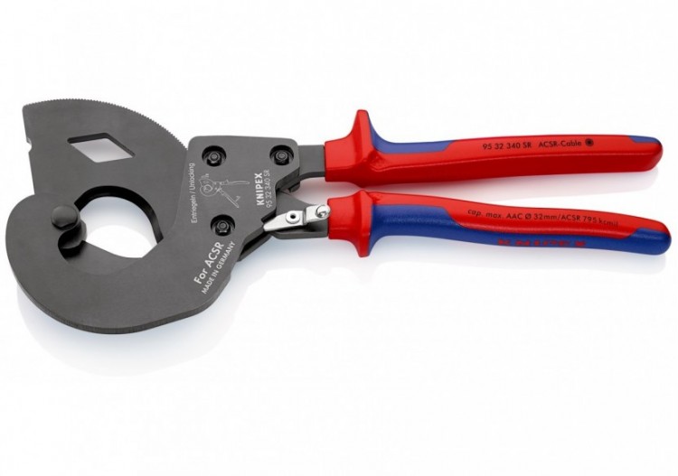 Coupe-câbles à cliquet 340mm - Ø32mm - Spécial câbles aériens ACSR - Knipex - 9532340SR