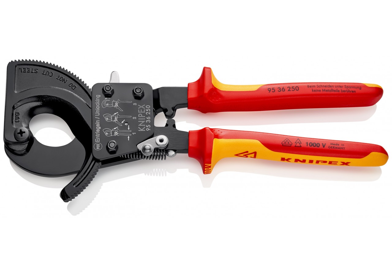 Coupe-câbles à cliquet 250mm - Cu/Al Ø32mm/240mm2 - Gainage isolé 1000V - Knipex - 9536250