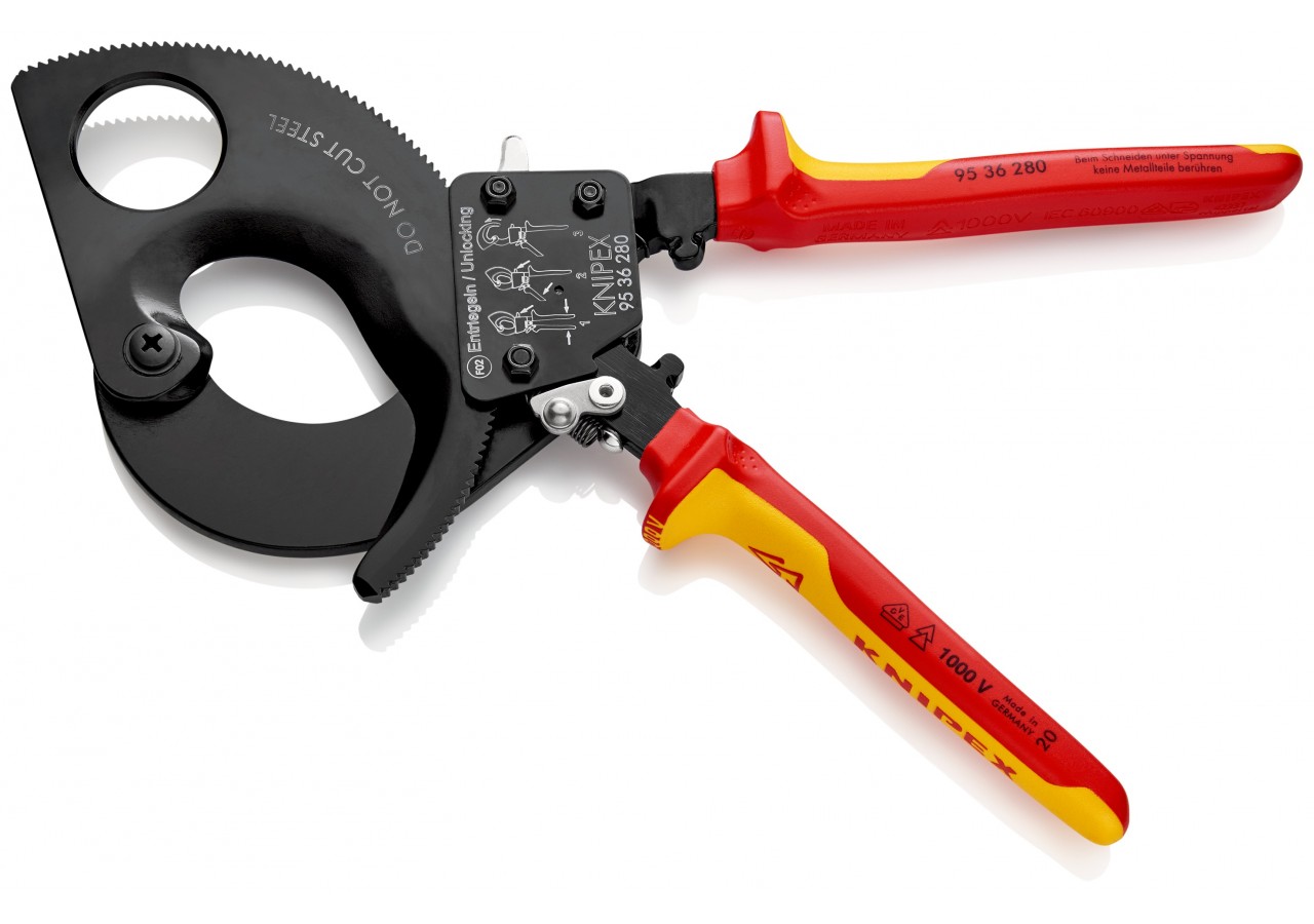 Coupe-câbles à cliquet 280mm - Cu/Al Ø52mm/380mm2 - Gainage isolé 1000V - Knipex - 9536280