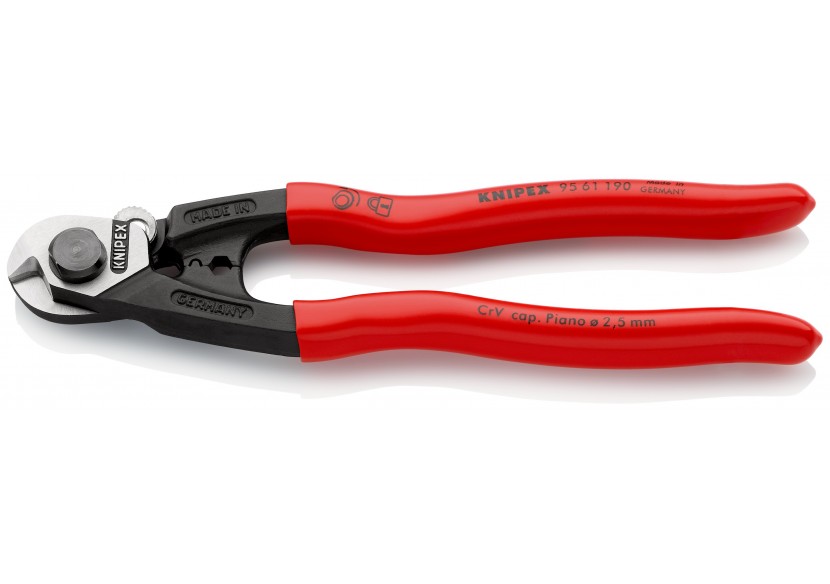 Coupe-câbles acier 190mm - Ø2,5-4-5-7mm - Gainage PVC - Knipex - 9561190 Coupe-câbles acier 190mm - Ø2,5-4-5-7mm - Gainage PVC - Knipex - 9561190