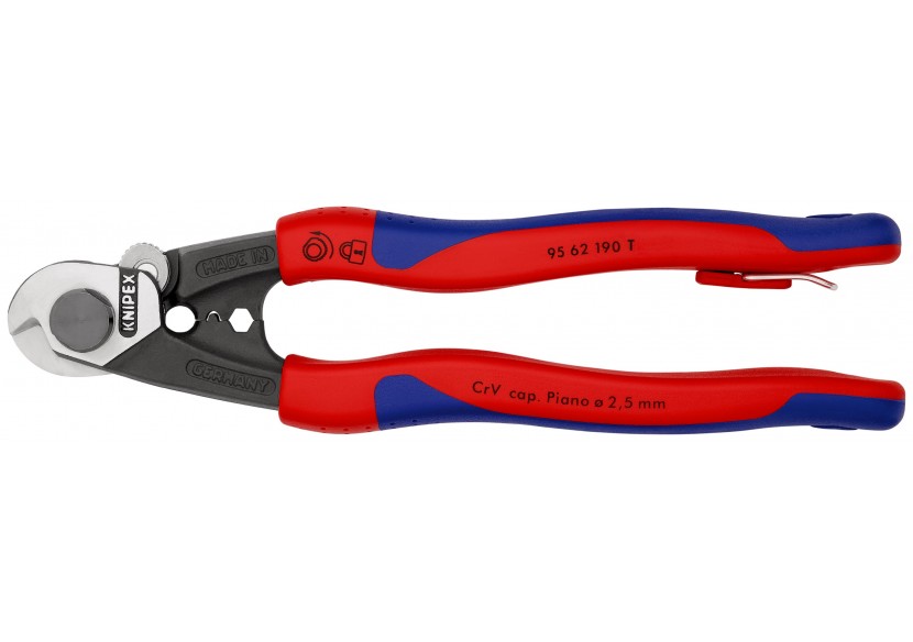 Coupe-câbles acier 190mm - Ø2,5-4-5-7mm - Gainage bi-matière - illet antichute - Knipex - 9562190T Coupe-câbles acier 190mm - Ø2,5-4-5-7mm - Gainage bi-matière - illet antichute - Knipex - 9562190T