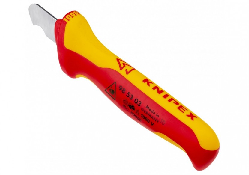 Couteau d'électricien 170mm - Lame courte et courbée et capuchon - Isolé 1000V - Knipex - 985303 Couteau d'électricien 170mm - Lame courte et courbée et capuchon - Isolé 1000V - Knipex - 985303