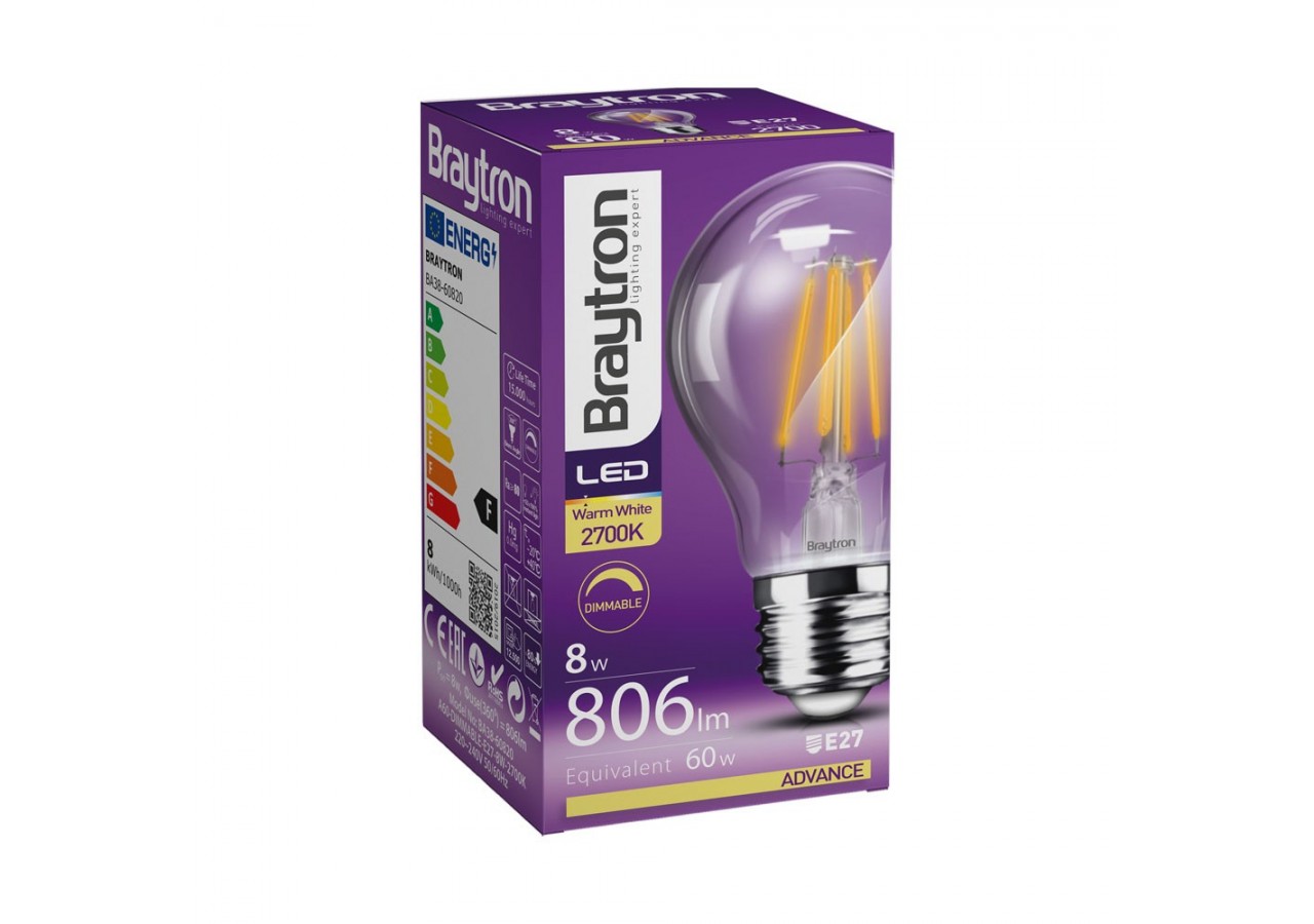 Ampoule filament décorative LED, E27, 806 lm, Blanc Chaud - BA38-60820 - Braytron