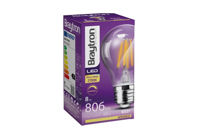 Ampoule filament décorative LED, E27, 806 lm, Blanc Chaud - BA38-60820 - Braytron