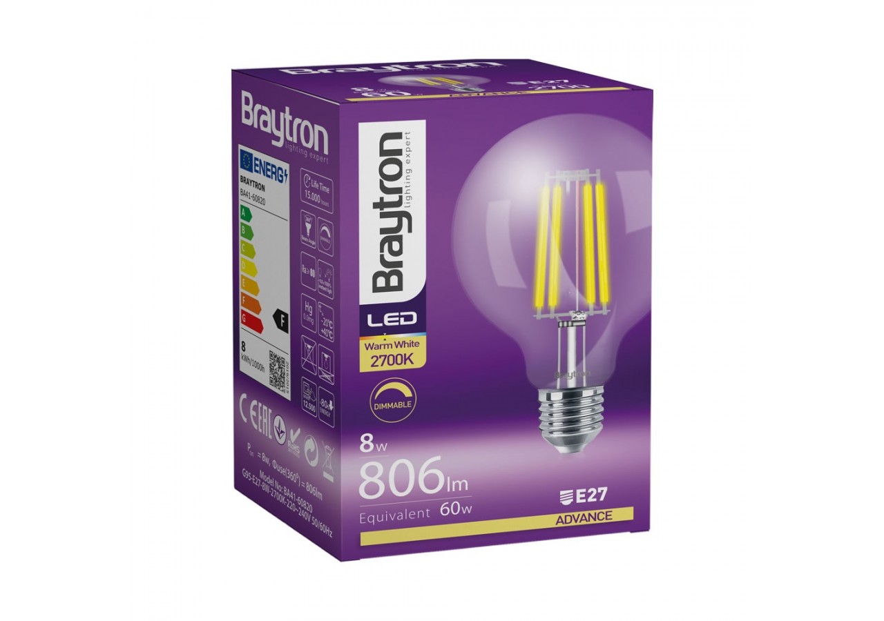 Ampoule filament décorative LED, E27, 806 lm, Blanc Chaud - BA41-60820 - Braytron