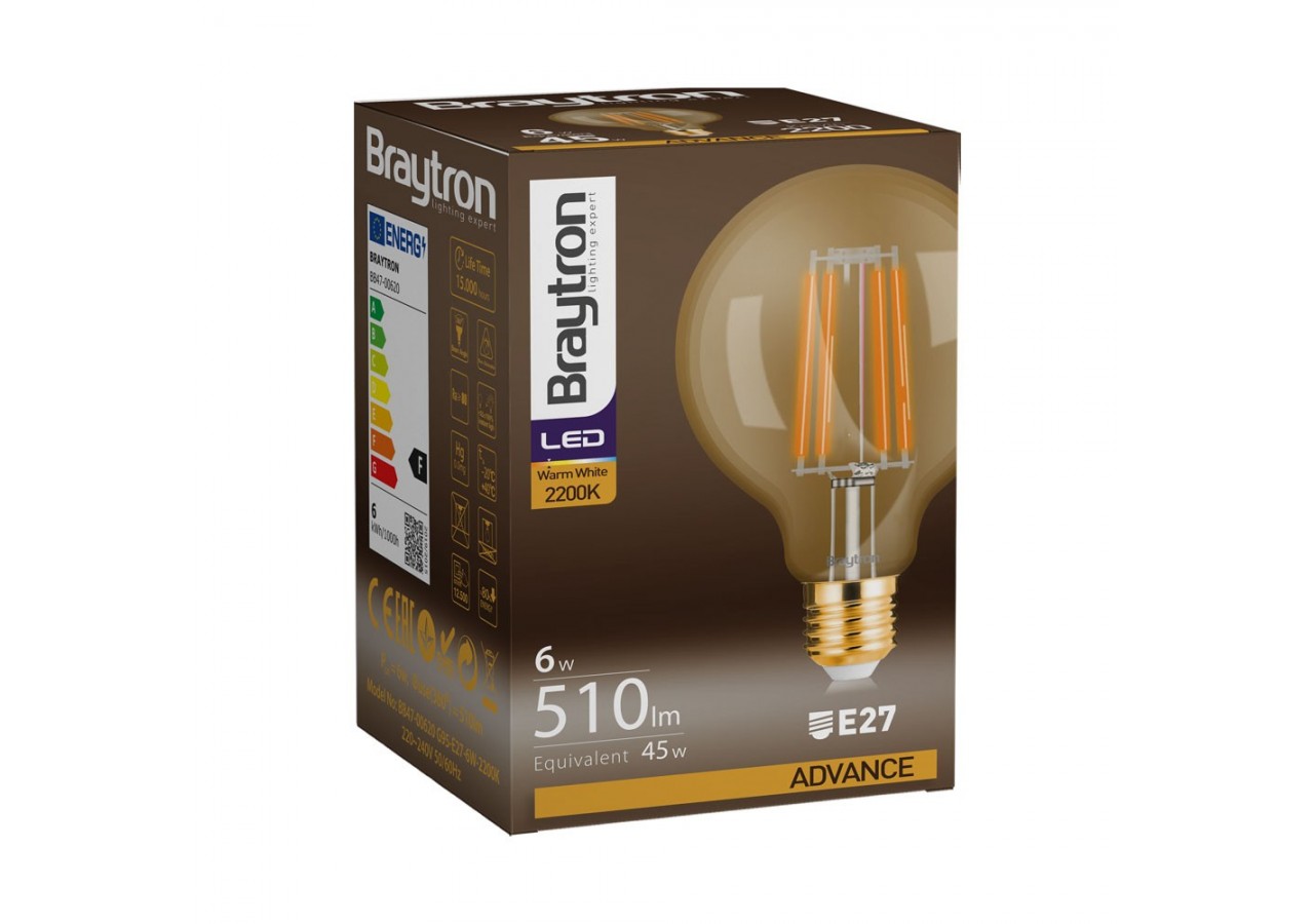 Ampoule filament décorative LED, E27, 540 lm, Ambre - BB47-00620 - Braytron