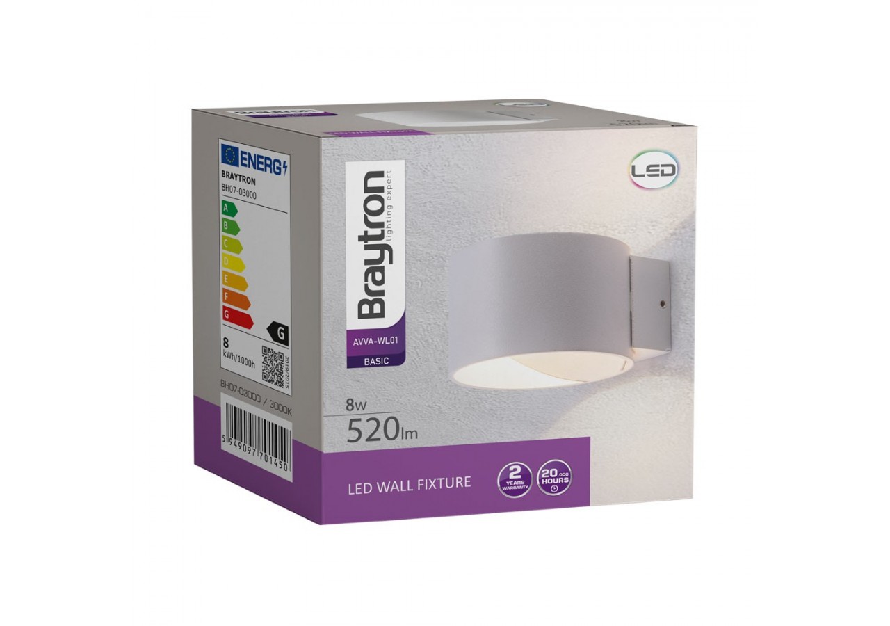 Éclairage mural LED 108mm Blanc, 520 lm, Blanc Chaud - BH07-03000 - Braytron