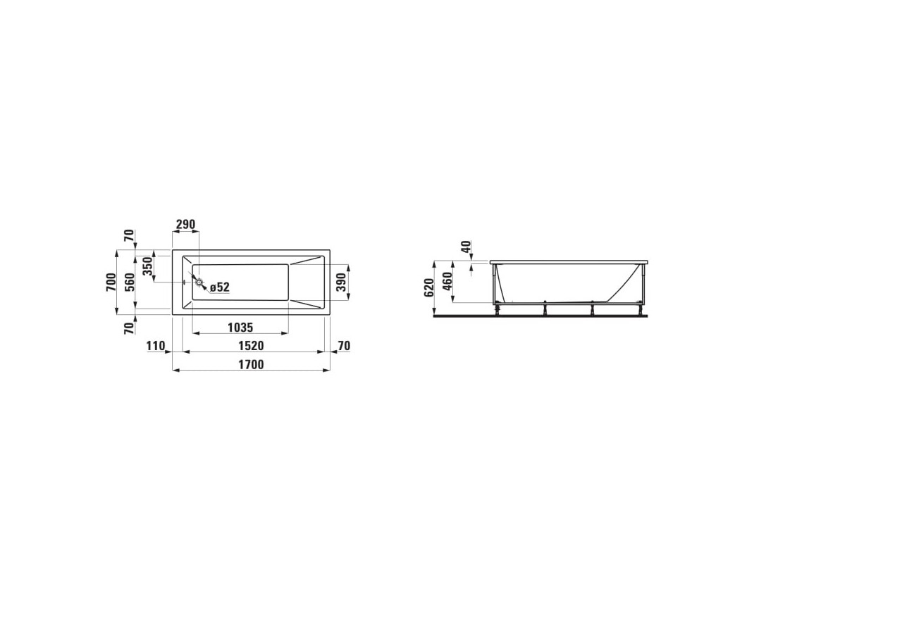 Baignoire avec tablier l à gauche Laufen pro Blanc 1700 x 700 x 620 mm - H2309550000001 - Laufen